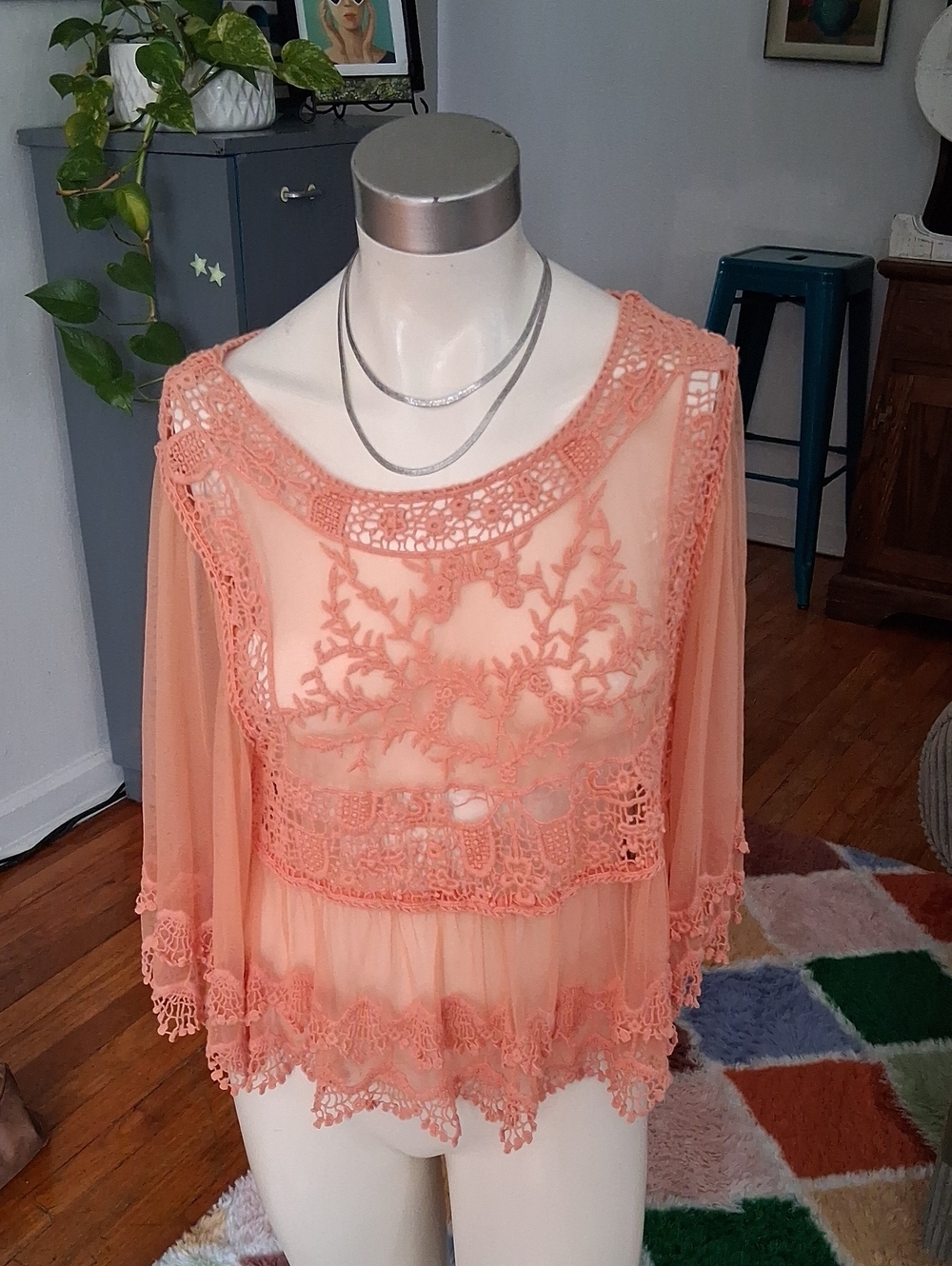 Sheer Crochet Lace Peasant Top - Coral
